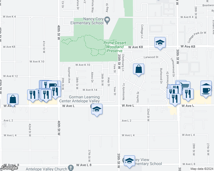 map of restaurants, bars, coffee shops, grocery stores, and more near 42901 Alep Street in Lancaster