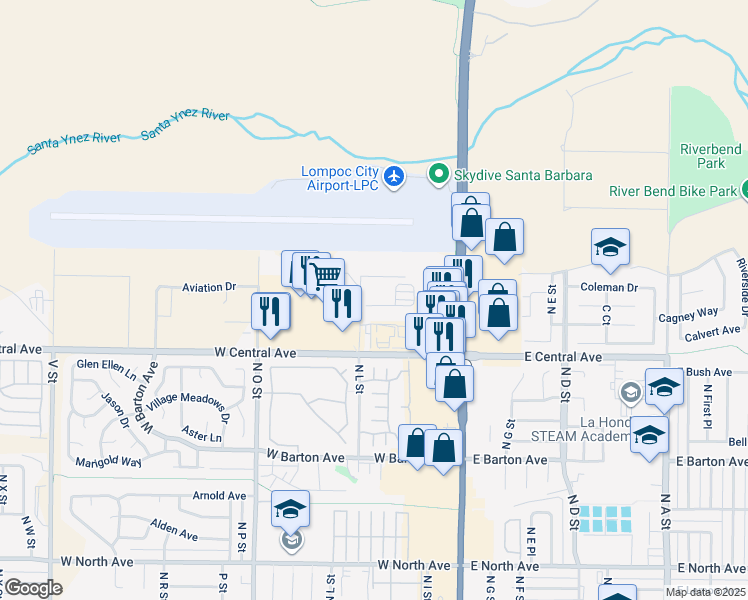 map of restaurants, bars, coffee shops, grocery stores, and more near 1424 North L Street in Lompoc