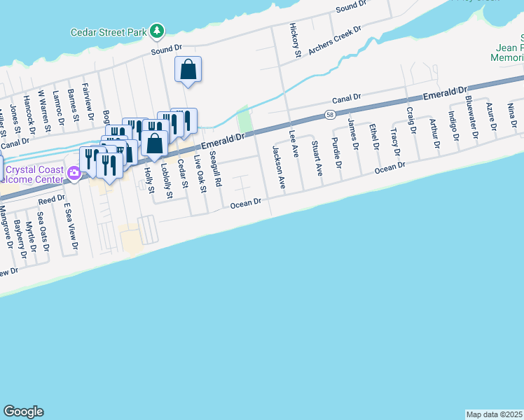 map of restaurants, bars, coffee shops, grocery stores, and more near 7505 Ocean Drive in Emerald Isle