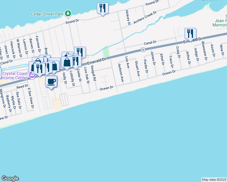 map of restaurants, bars, coffee shops, grocery stores, and more near 7505 Ocean Drive in Emerald Isle