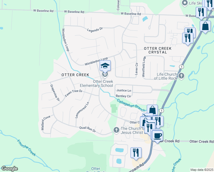 map of restaurants, bars, coffee shops, grocery stores, and more near 16000 Otter Creek Parkway in Little Rock