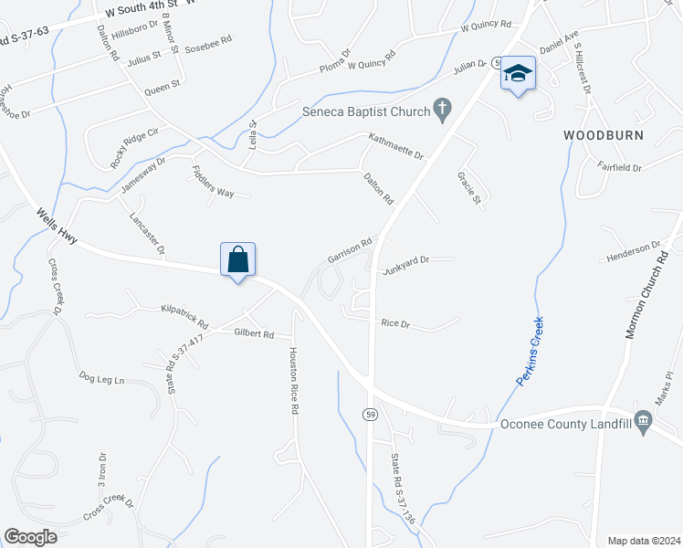 map of restaurants, bars, coffee shops, grocery stores, and more near 1500 South Oak Street in Seneca