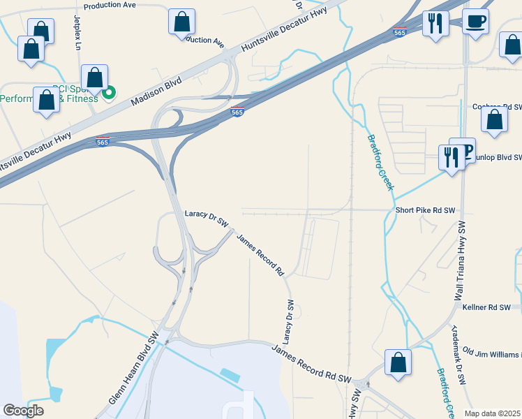 map of restaurants, bars, coffee shops, grocery stores, and more near 391 Short Pike Road Southwest in Huntsville