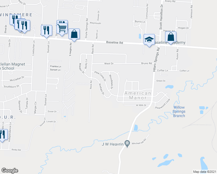 map of restaurants, bars, coffee shops, grocery stores, and more near 3953 Wooddale Drive in Little Rock