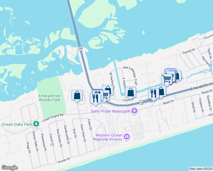 map of restaurants, bars, coffee shops, grocery stores, and more near 418 Sunrise Court in Emerald Isle
