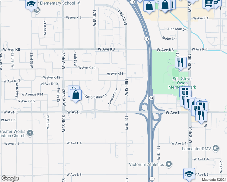map of restaurants, bars, coffee shops, grocery stores, and more near 42921 Cinema Avenue in Lancaster
