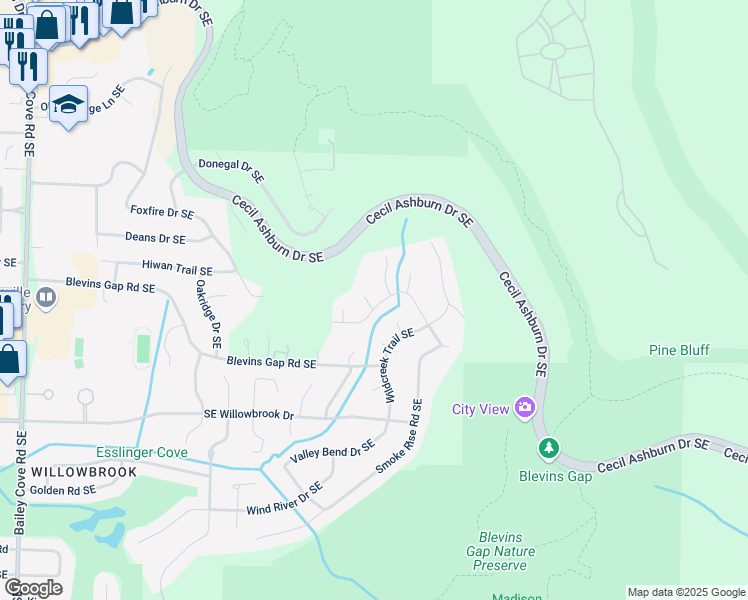 map of restaurants, bars, coffee shops, grocery stores, and more near 1694 Shady Cove Circle Southeast in Huntsville