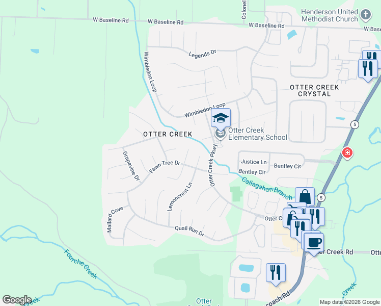 map of restaurants, bars, coffee shops, grocery stores, and more near 7 Butterfly Place in Little Rock