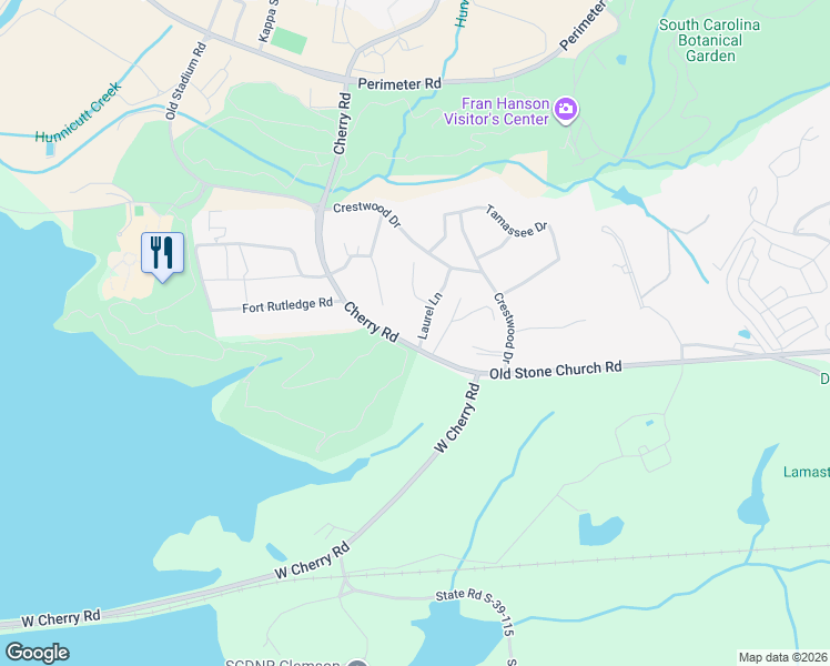 map of restaurants, bars, coffee shops, grocery stores, and more near 1 Poplar Drive in Clemson