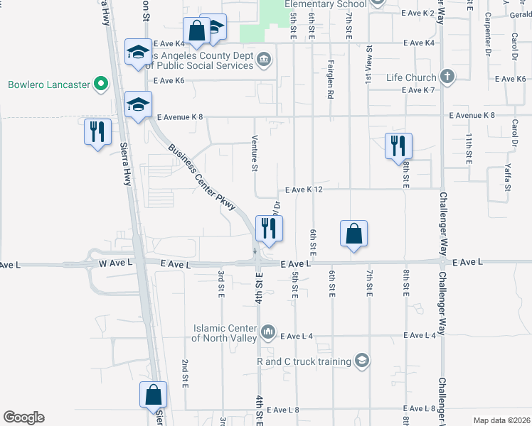 map of restaurants, bars, coffee shops, grocery stores, and more near 42913 Capital Drive in Lancaster
