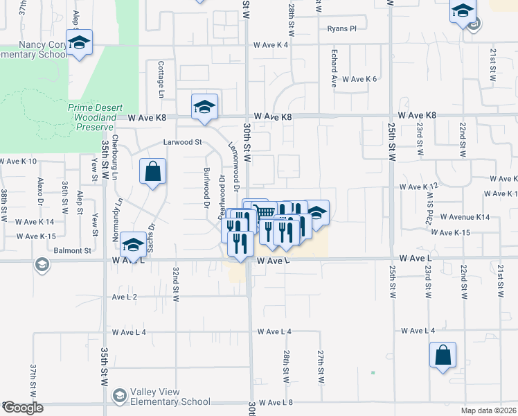 map of restaurants, bars, coffee shops, grocery stores, and more near 2 West Avenue K 12 in Quartz Hill