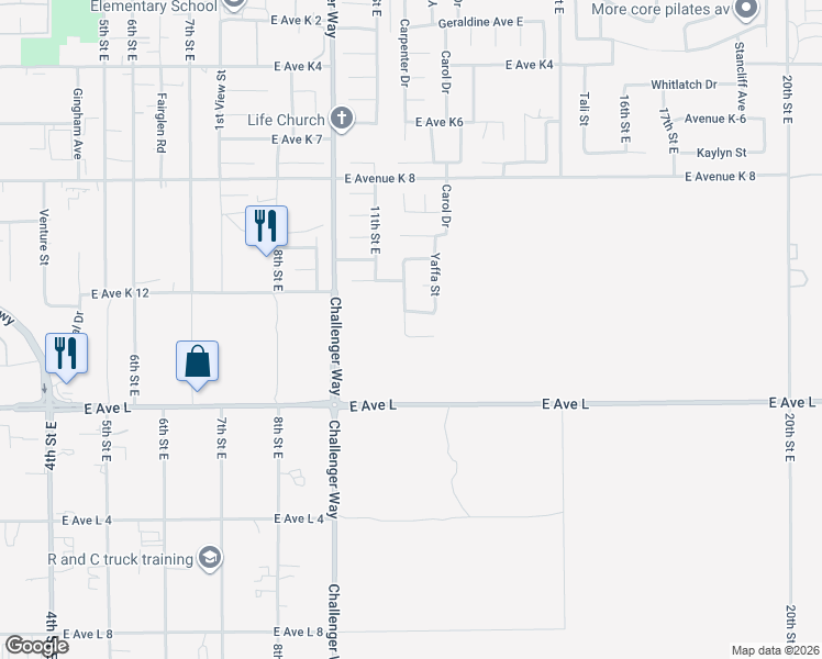 map of restaurants, bars, coffee shops, grocery stores, and more near 42949 Carpenter Drive in Lancaster