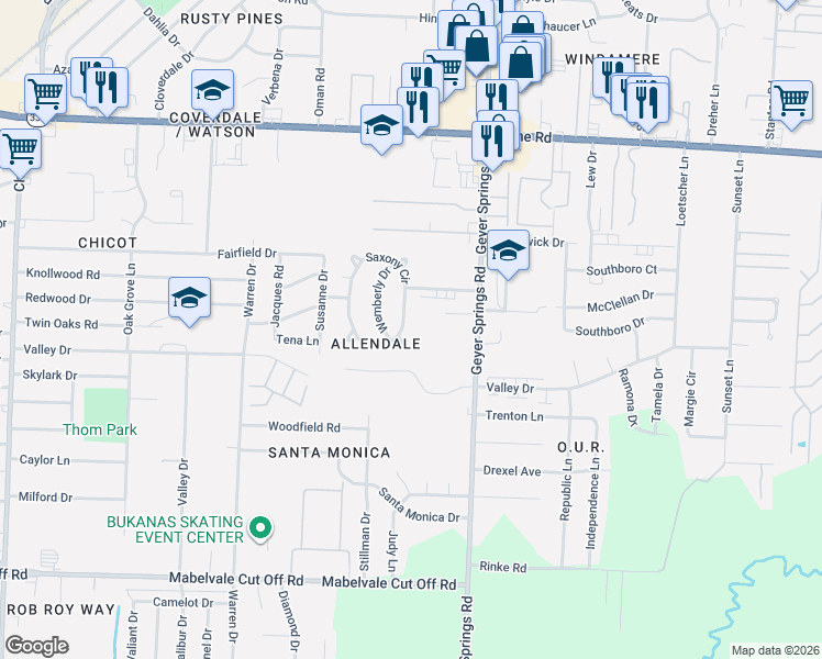 map of restaurants, bars, coffee shops, grocery stores, and more near 87 Saxony Circle in Little Rock
