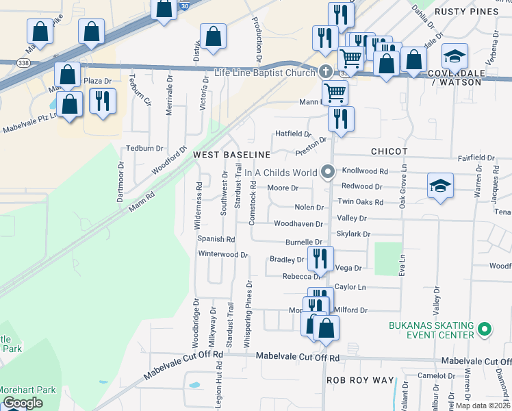 map of restaurants, bars, coffee shops, grocery stores, and more near 9504 Nolen Drive in Little Rock