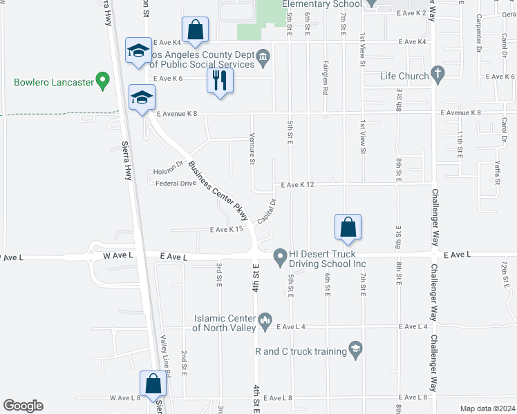 map of restaurants, bars, coffee shops, grocery stores, and more near 42913 Capital Drive in Lancaster