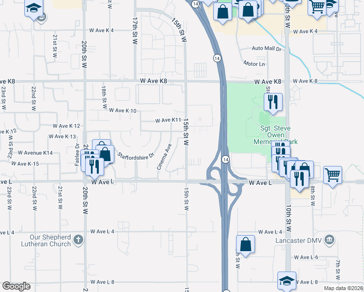 map of restaurants, bars, coffee shops, grocery stores, and more near 42935 15th Street West in Lancaster
