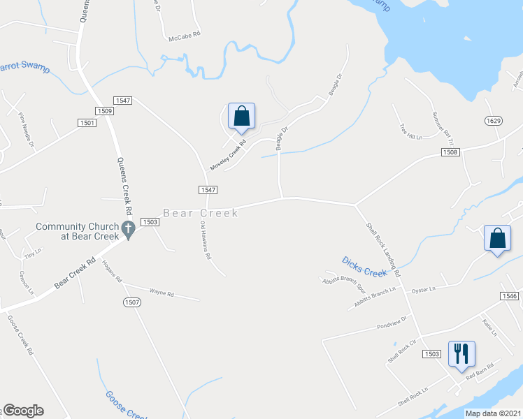 map of restaurants, bars, coffee shops, grocery stores, and more near 196 Great Neck Landing Road in Hubert