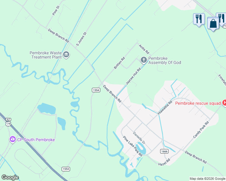 map of restaurants, bars, coffee shops, grocery stores, and more near 7712 Deep Branch Road in Pembroke