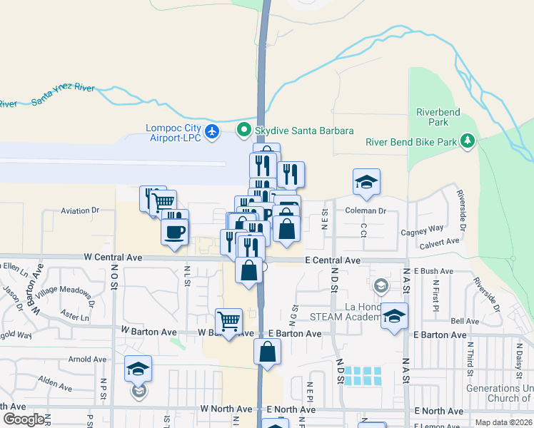 map of restaurants, bars, coffee shops, grocery stores, and more near 1548 North H Street in Lompoc