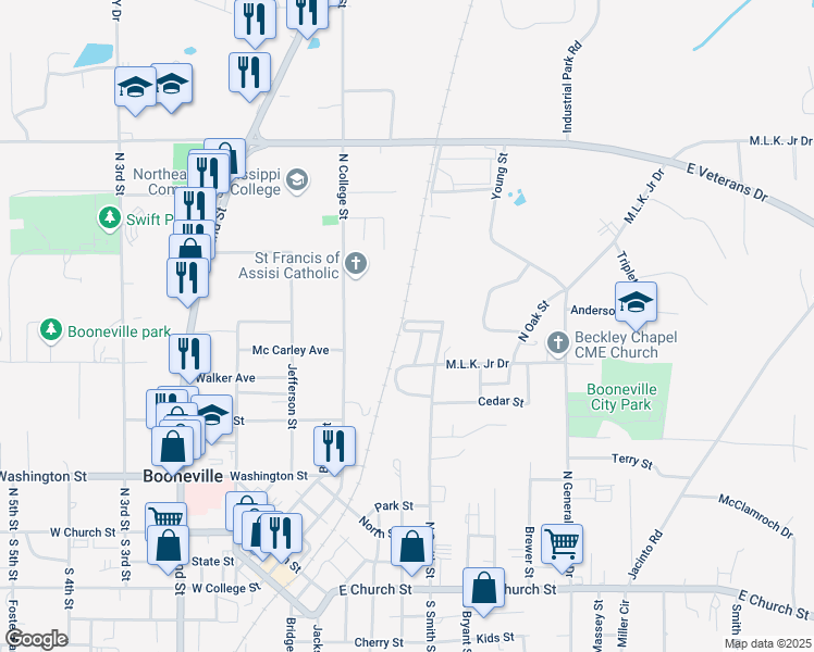 map of restaurants, bars, coffee shops, grocery stores, and more near 100-198 Robinson Street in Booneville