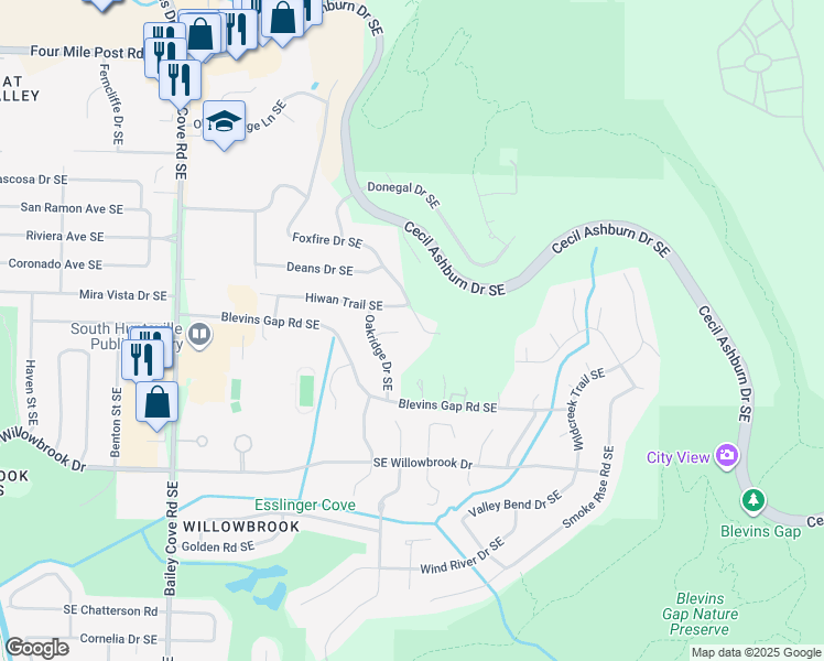map of restaurants, bars, coffee shops, grocery stores, and more near 7804 Foxfire Drive Southeast in Huntsville
