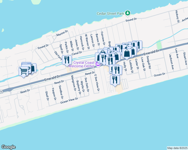 map of restaurants, bars, coffee shops, grocery stores, and more near in Emerald Isle