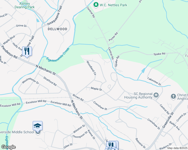 map of restaurants, bars, coffee shops, grocery stores, and more near 305 Woodland Circle in Pendleton