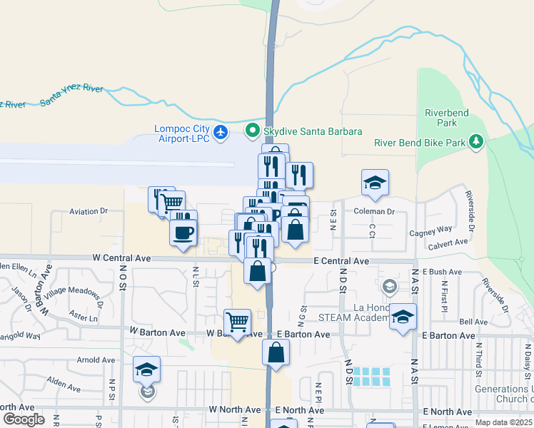 map of restaurants, bars, coffee shops, grocery stores, and more near 1548 N H St in Lompoc