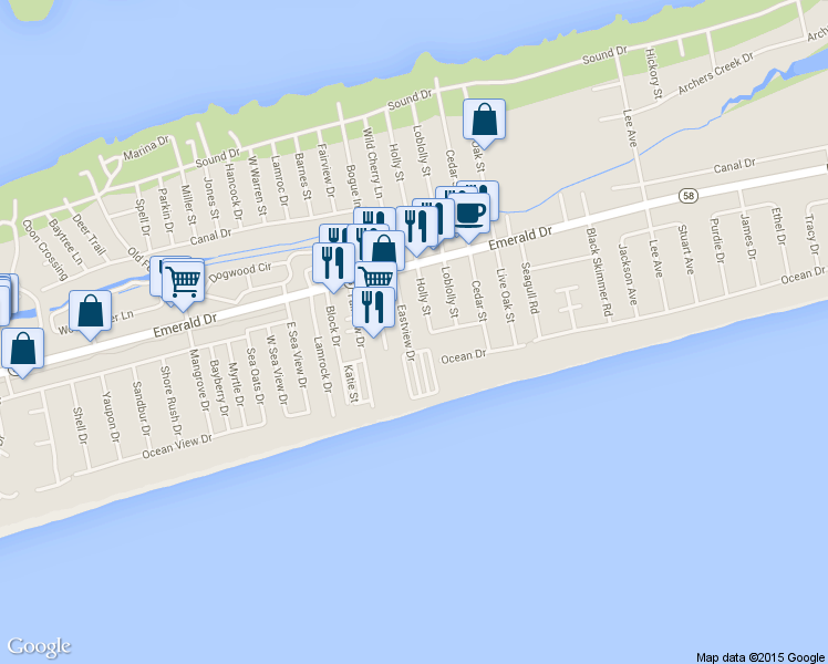 map of restaurants, bars, coffee shops, grocery stores, and more near 126 Eastview Drive in Emerald Isle