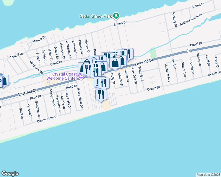 map of restaurants, bars, coffee shops, grocery stores, and more near 126 Eastview Drive in Emerald Isle