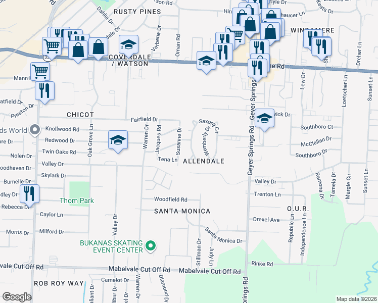 map of restaurants, bars, coffee shops, grocery stores, and more near 9509 Susanne Drive in Little Rock