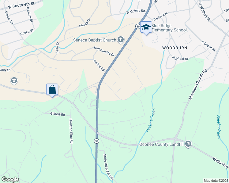 map of restaurants, bars, coffee shops, grocery stores, and more near Junkyard Drive in Seneca