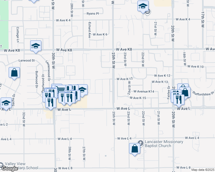 map of restaurants, bars, coffee shops, grocery stores, and more near 42923 Fenner Avenue in Lancaster