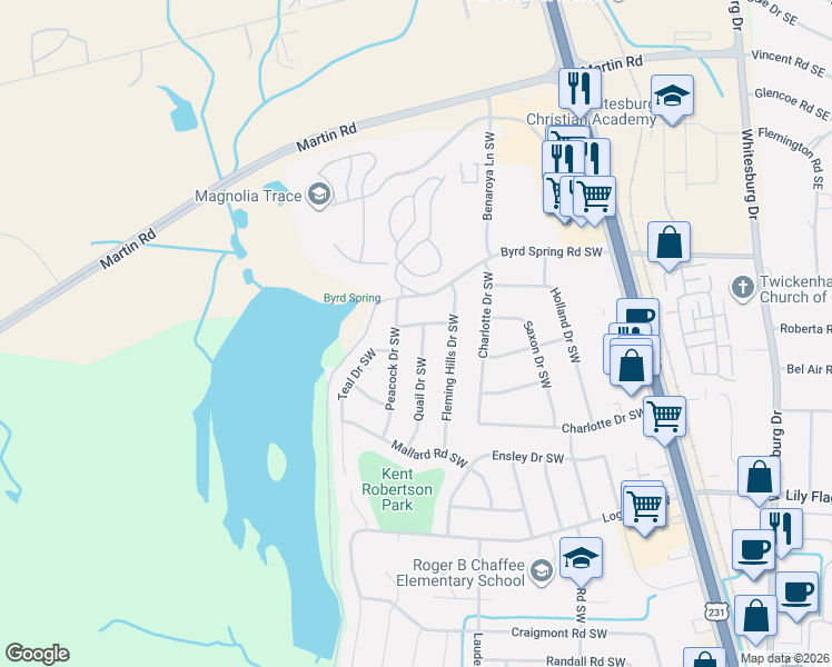 map of restaurants, bars, coffee shops, grocery stores, and more near 3006 Pintail Road Southwest in Huntsville