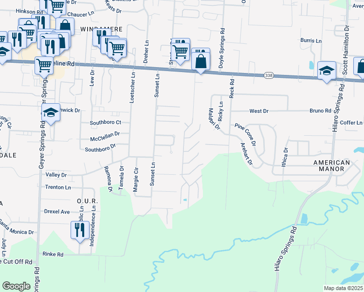 map of restaurants, bars, coffee shops, grocery stores, and more near 9500 South Heights Road in Little Rock