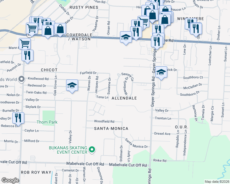map of restaurants, bars, coffee shops, grocery stores, and more near 9509 Susanne Drive in Little Rock