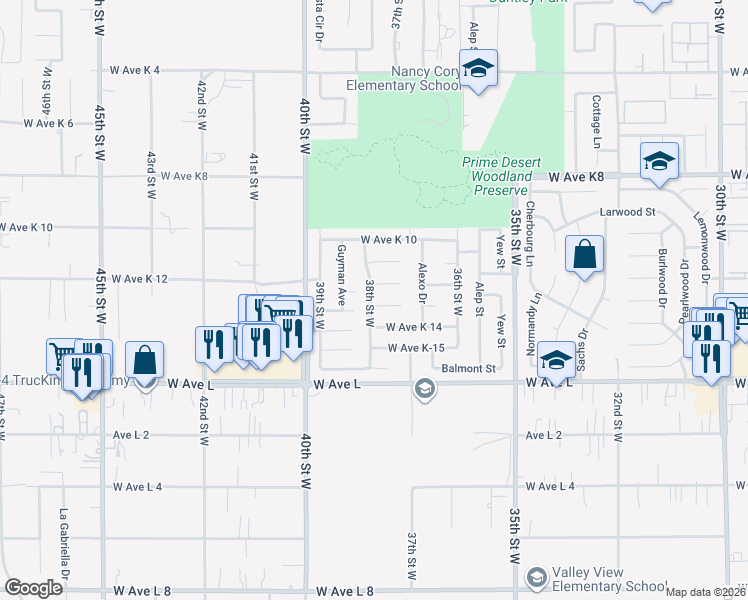 map of restaurants, bars, coffee shops, grocery stores, and more near 3741 West Avenue K 13 in Lancaster