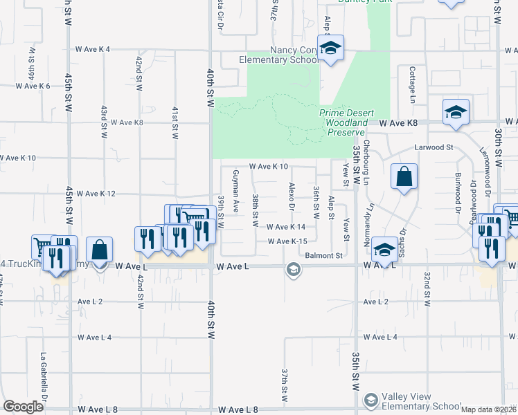 map of restaurants, bars, coffee shops, grocery stores, and more near 3741 West Avenue K 13 in Lancaster