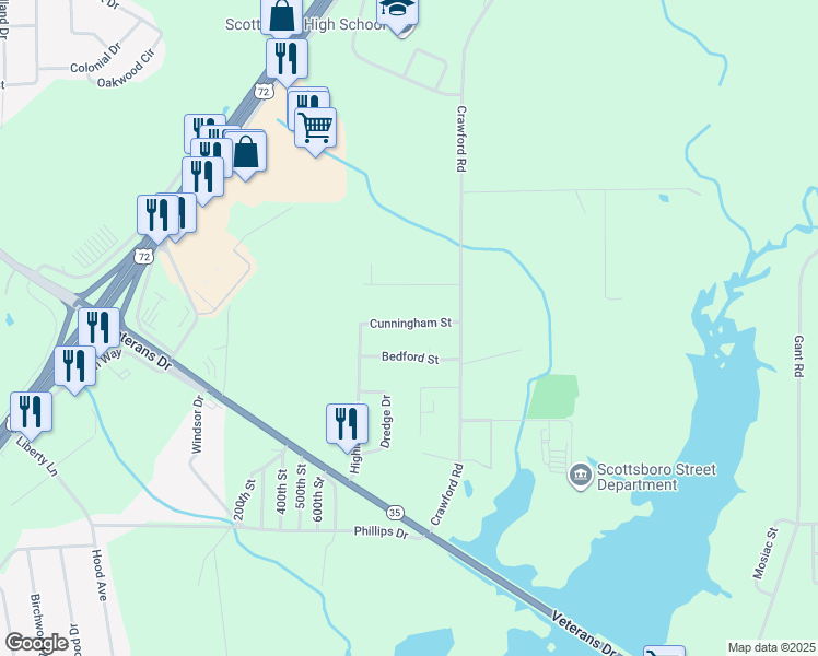 map of restaurants, bars, coffee shops, grocery stores, and more near 118 Waterford Trail in Scottsboro
