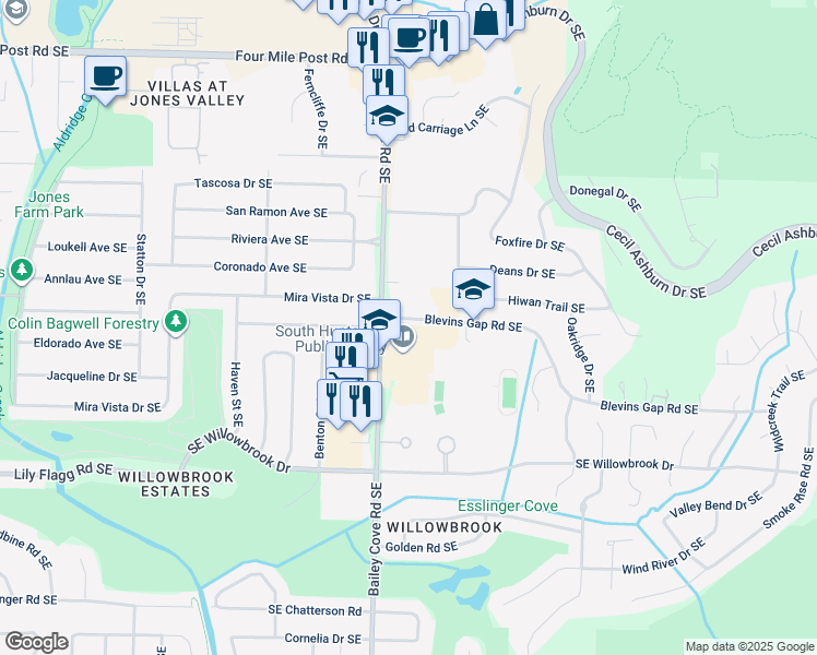 map of restaurants, bars, coffee shops, grocery stores, and more near 1208 Blevins Gap Road Southeast in Huntsville