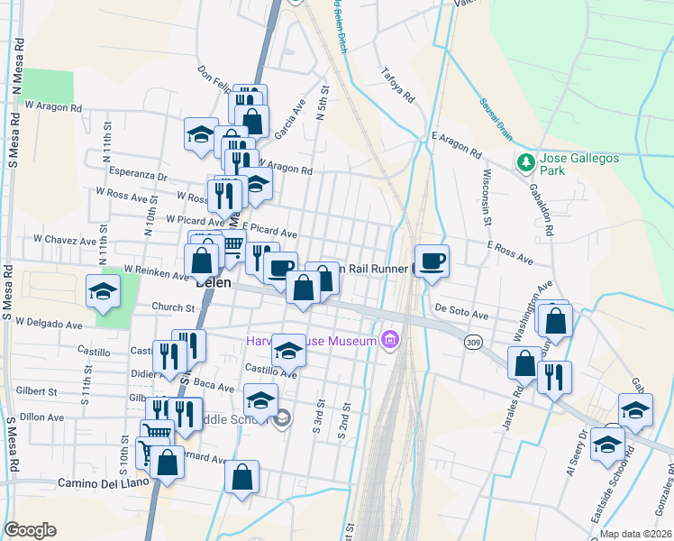 map of restaurants, bars, coffee shops, grocery stores, and more near 312 Chavez Avenue in Belen