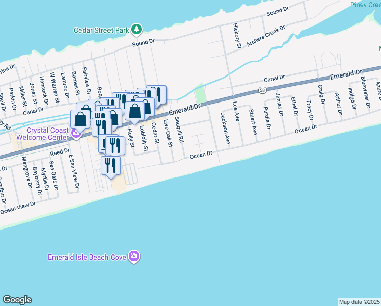 map of restaurants, bars, coffee shops, grocery stores, and more near 7514 Ocean Drive in Emerald Isle