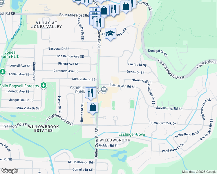 map of restaurants, bars, coffee shops, grocery stores, and more near 1208 Blevins Gap Road Southeast in Huntsville