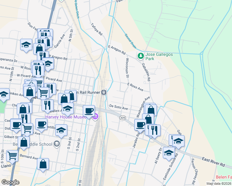 map of restaurants, bars, coffee shops, grocery stores, and more near 502 Campana Avenue in Belen