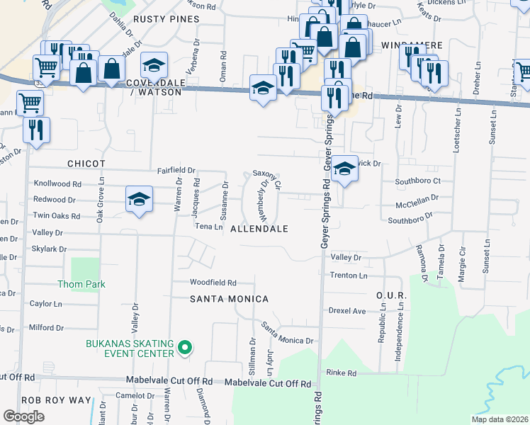 map of restaurants, bars, coffee shops, grocery stores, and more near 18 Wemberly Drive in Little Rock