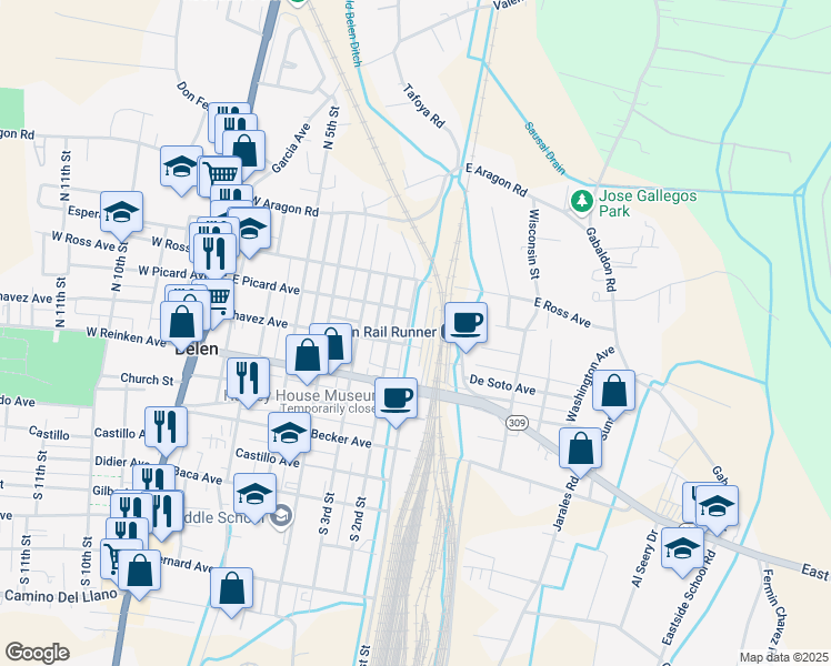 map of restaurants, bars, coffee shops, grocery stores, and more near 420 North 1st Street in Belen