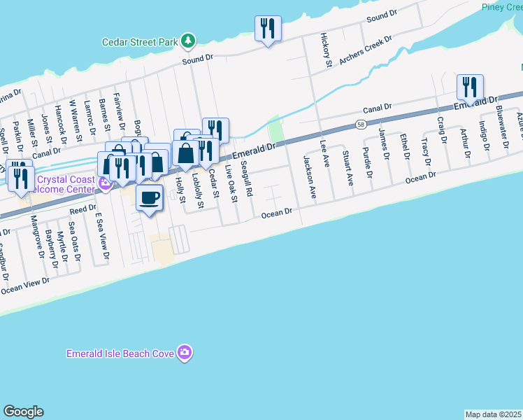 map of restaurants, bars, coffee shops, grocery stores, and more near 7514 Ocean Drive in Emerald Isle