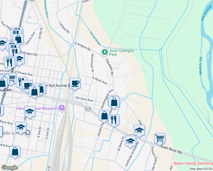 map of restaurants, bars, coffee shops, grocery stores, and more near 415 East Ross Avenue in Belen