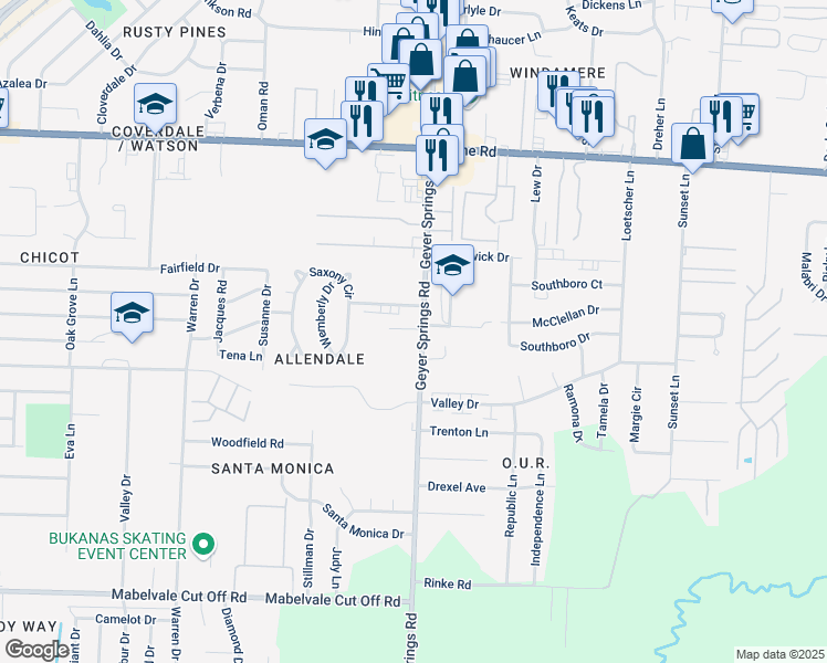 map of restaurants, bars, coffee shops, grocery stores, and more near 9510 Geyer Springs Road in Little Rock