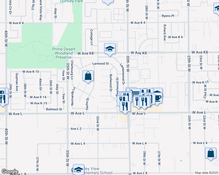 map of restaurants, bars, coffee shops, grocery stores, and more near 3103 Softwood Court in Lancaster